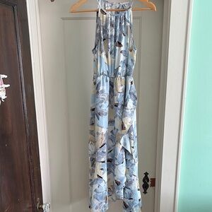 Blue and White Watercolor Floral Midi Dress with Halter Neck
